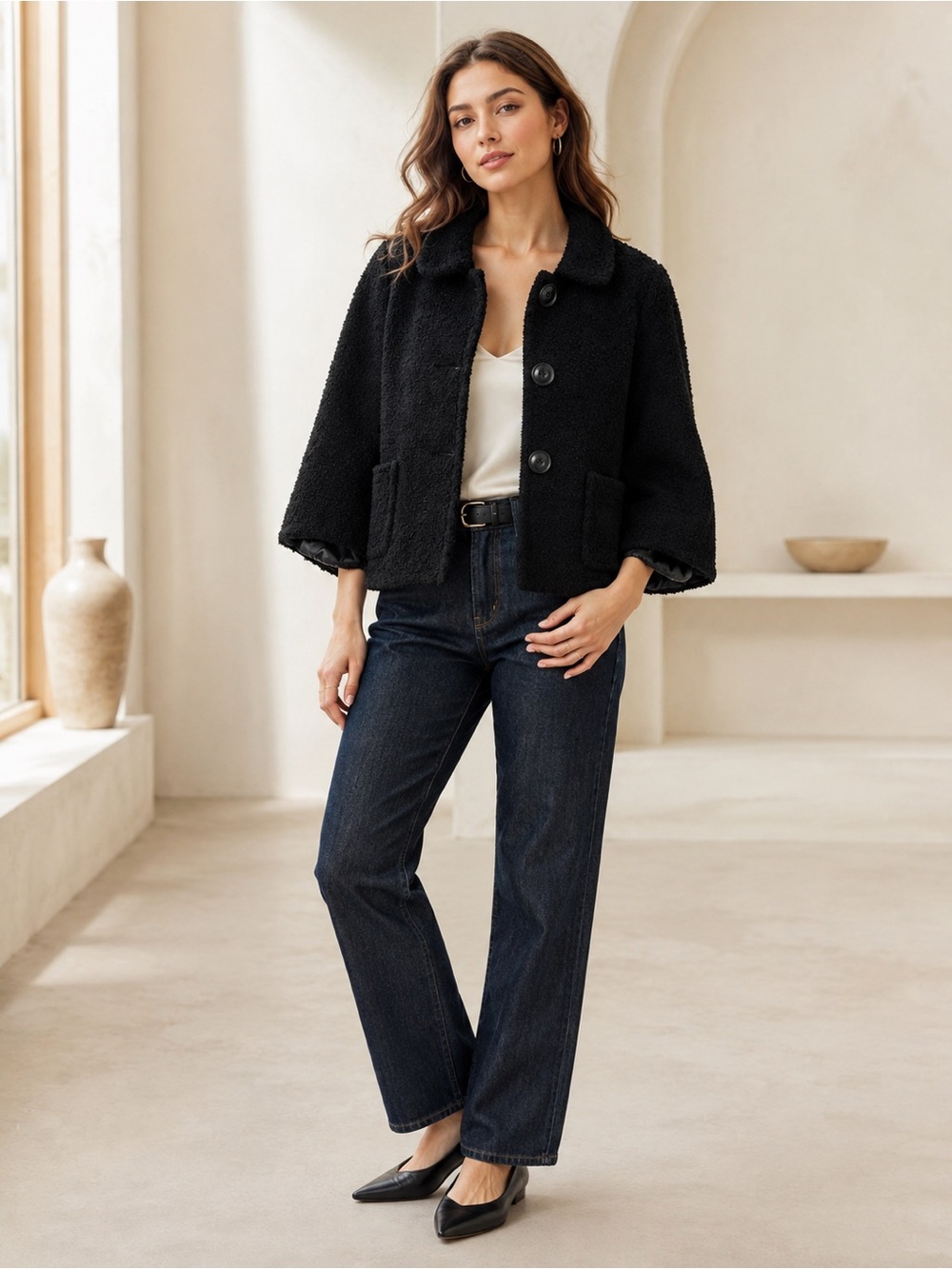 J.Crew Black Bouclé Wool-Blend Cropped Blazer – Peter Pan Collar – Size 8 - Picture 3 of 12